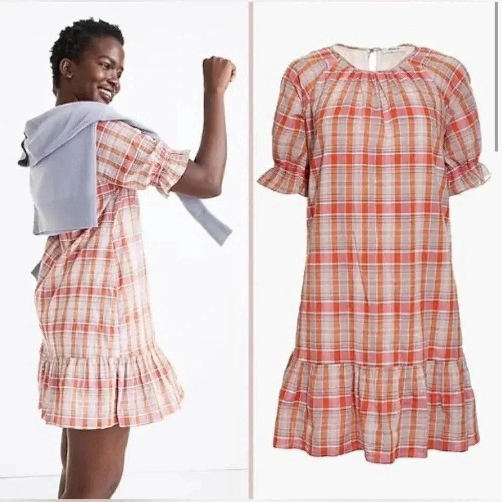 Madewell Plaid Ruffle-Sleeve Popover Mini Dress 2020 style